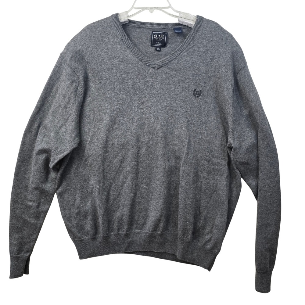 Chaps‎ XL Gray Cotton Cashmere V-Neck Pullover Golf Sweater Preppy